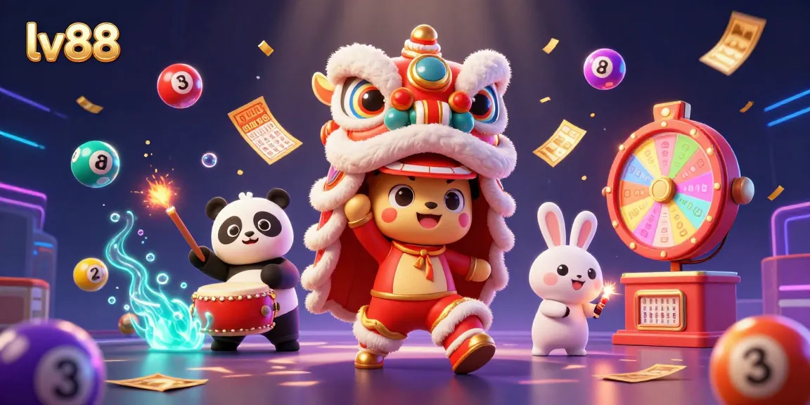 Experience exciting gameplay at lv88 with vibrant illustrations of a lion dance, drumming panda, and colorful lottery balls.