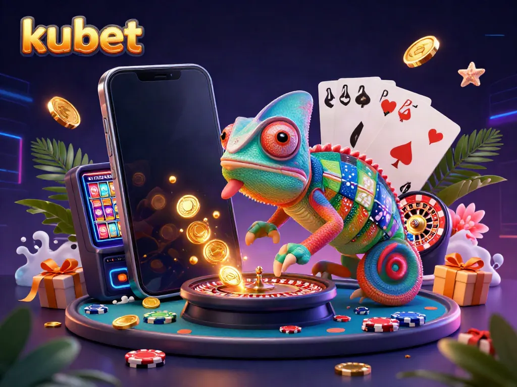 Kubet showcases a vibrant casino scene with a chameleon owner and dynamic gaming elements.