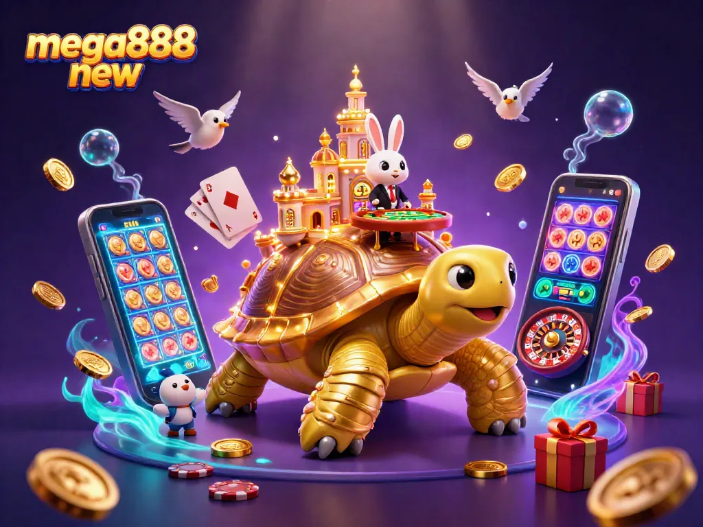 Win big with mega888 new, showcasing a vibrant casino scene featuring unique characters and exciting game elements.