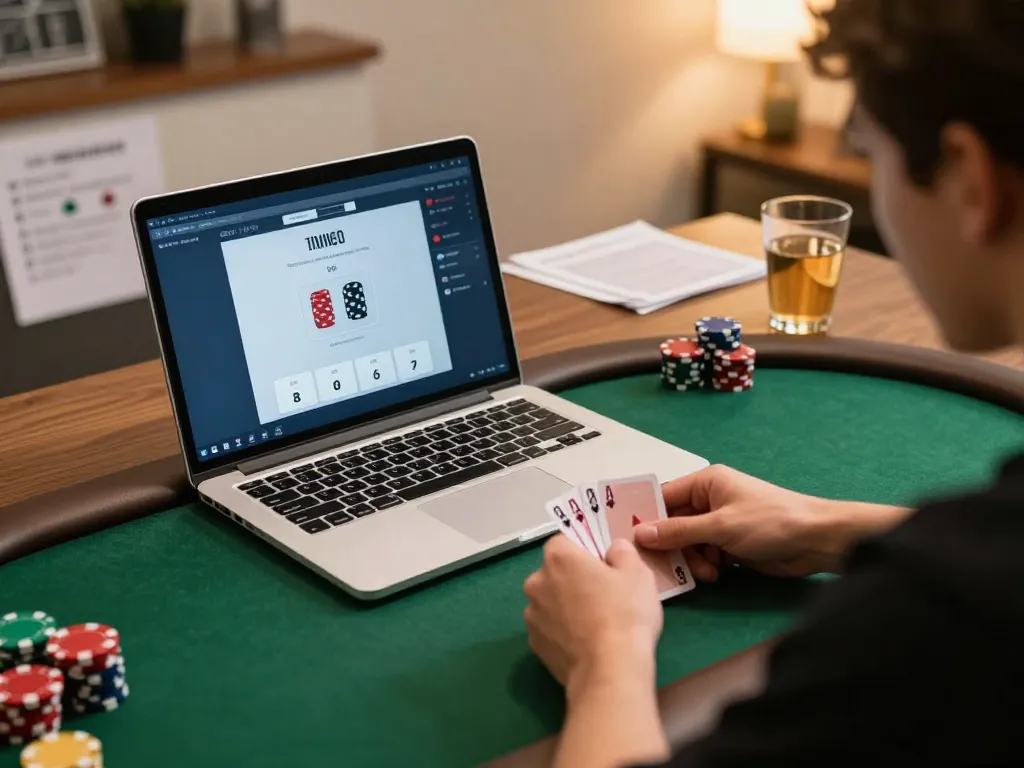 Player engaging in online poker at home using F8BET platform, highlighting strategic gameplay and comfortable setting.
