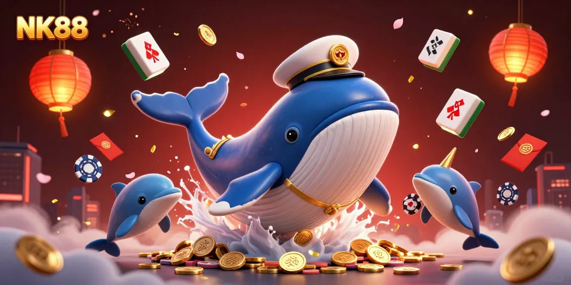 Experience thrilling gaming adventures with NK88, featuring a 3D cartoon whale and captivating casino elements.