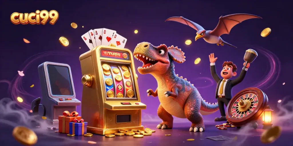 Cuci99 slots come alive as a cartoon dinosaur headbutts a machine, celebrating a jackpot.
