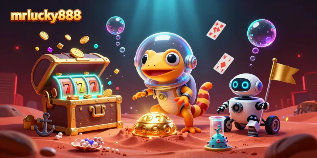 Engage with mrlucky888 for thrilling casino adventures featuring a playful Martian gecko.
