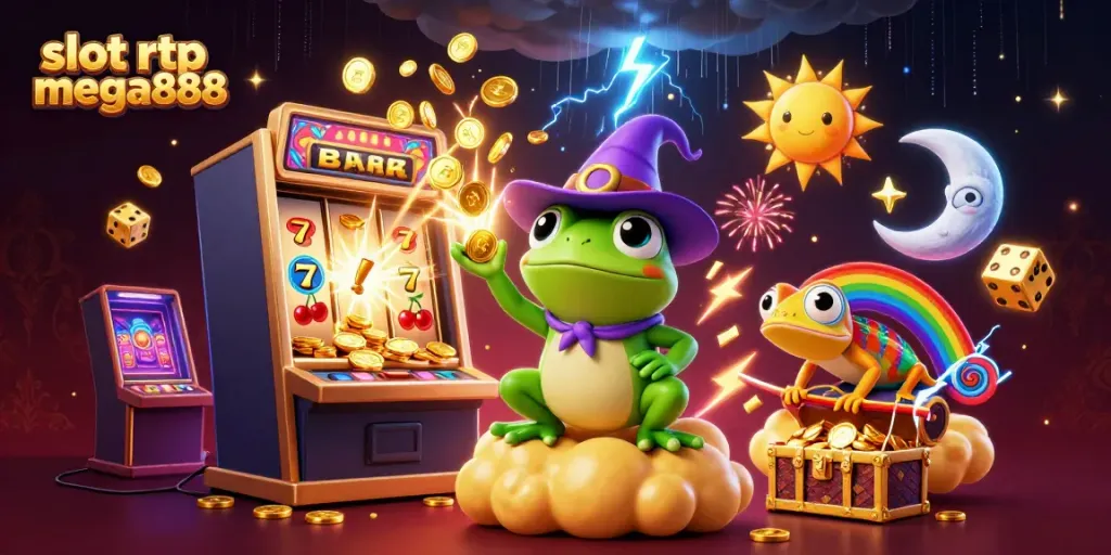 Engage with slot rtp mega888 visuals featuring vibrant characters and a jackpot scene.