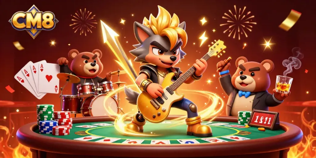 Experience the thrill of CM8 casino with a vibrant scene of animated characters and poker elements.