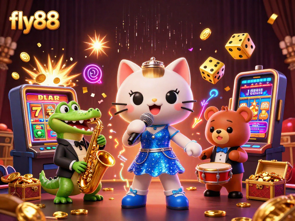 Engage with the excitement of fly88 at this lively casino scene featuring a jazz cat, a sax crocodile, and a drum bear.