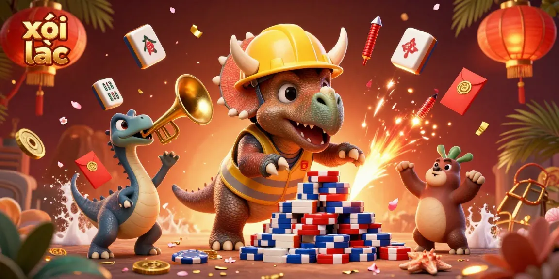 xôi lạc brings excitement as triceratops builds poker chip pyramid in vibrant casino scene