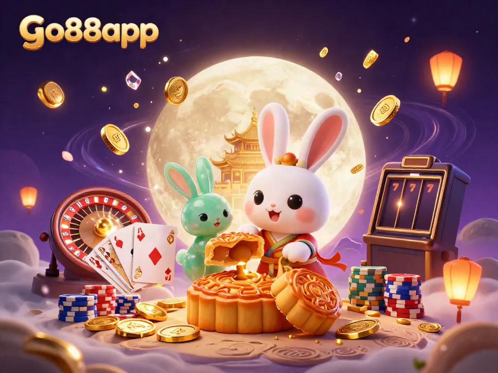 Engage in thrilling games with go88app as the moon rabbit unveils poker chip treasures among cascading gold coins.