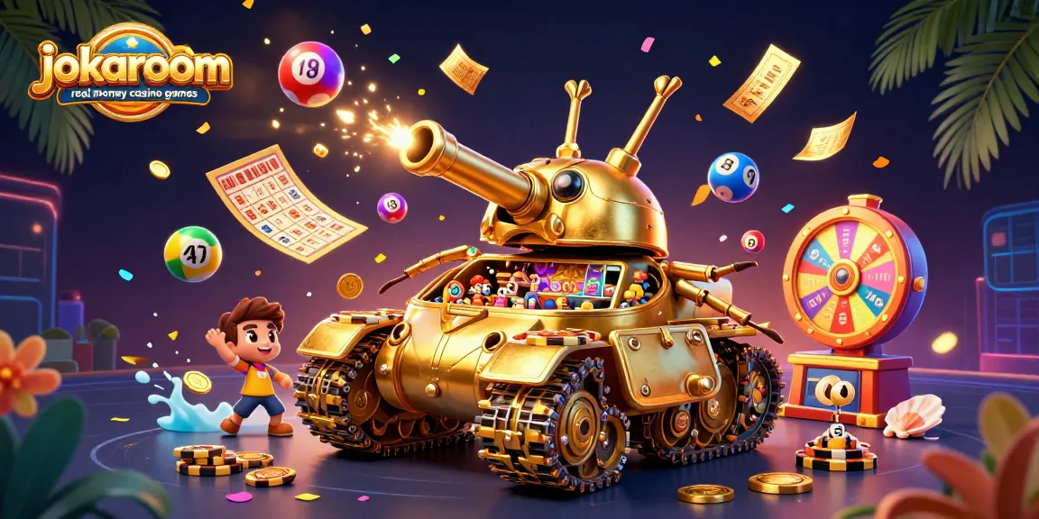 Engage with JokaRoom's real money casino games, featuring a whimsical 3D golden beetle tank casino scene.