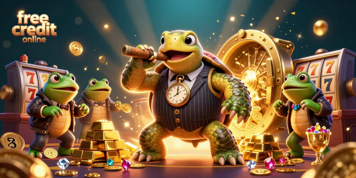Claim free credit online with exciting casino elements in a vibrant 3D scene featuring a snapping turtle mobster.